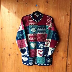 Classic Elements Petite Vintage Heart & Floral Patterned Knit Patchwork Sweater